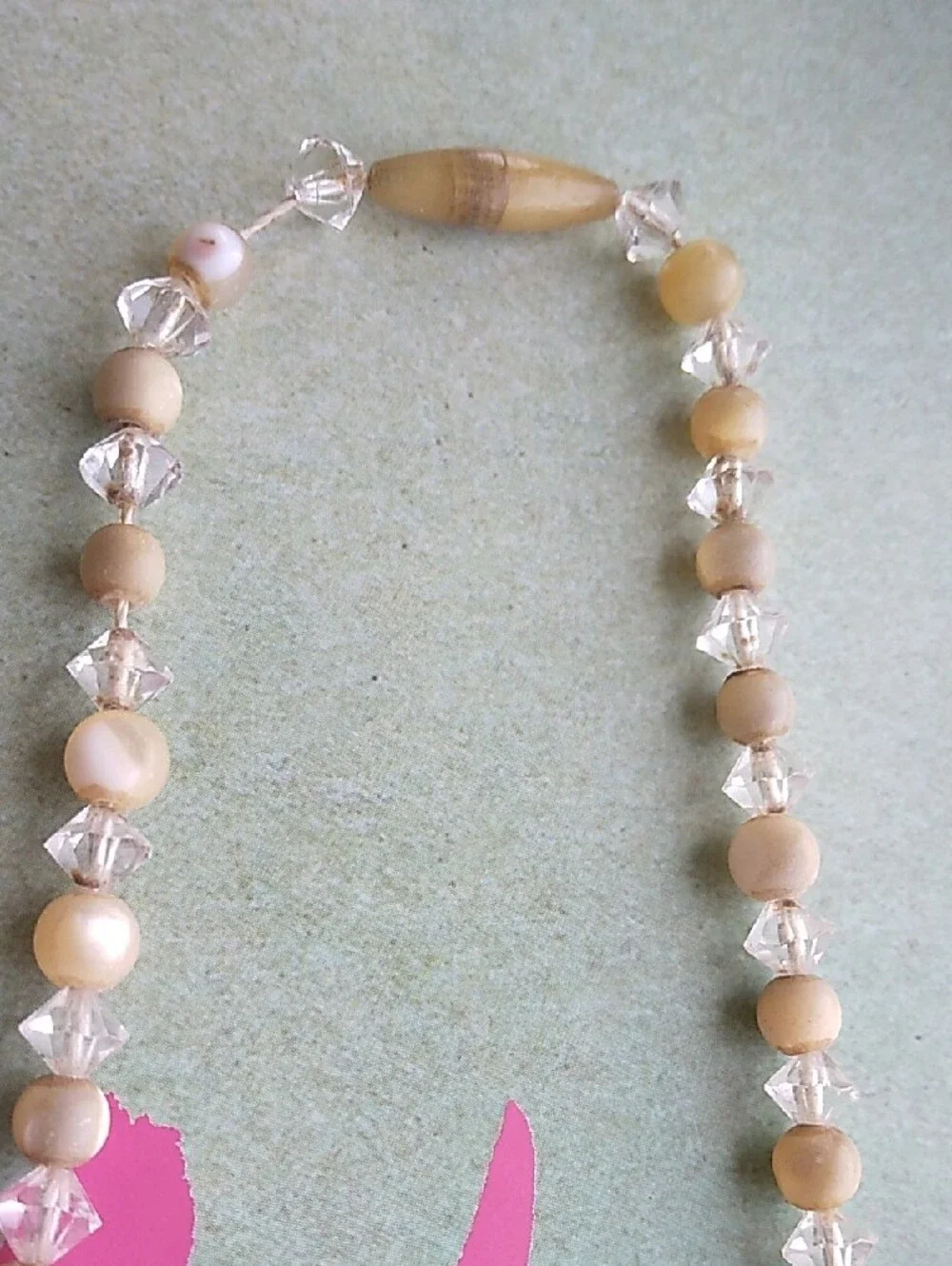 Vintage MCM Cream Lucite and Clear Crystal Beaded Necklace